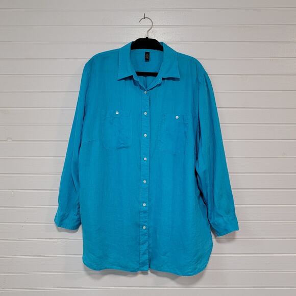 Ralph Lauren LRL Linen Button Up Shirt Plus Size 2X Blue Lagenlook Boho Top - Picture 1 of 6
